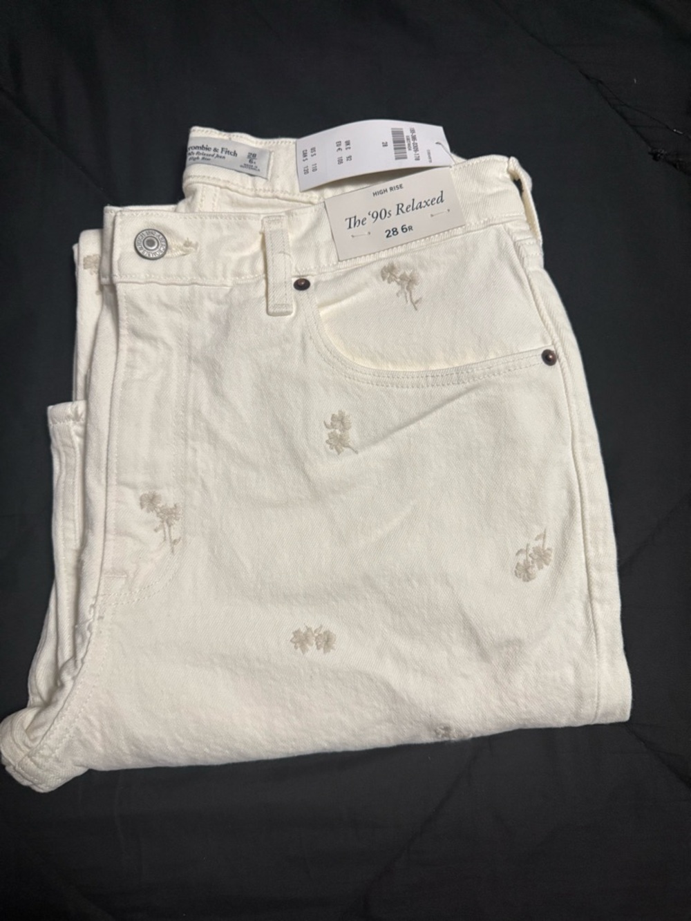 Abercrombie & Fitch Cream High-Rise Relaxed Jeans with Tonal Palm Embroidery